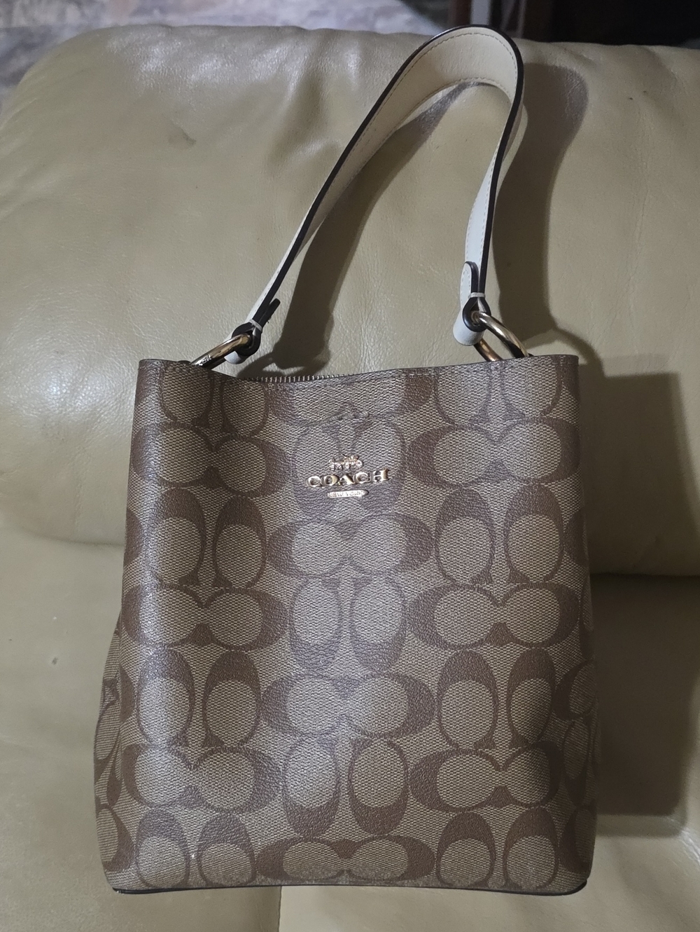 Coach Signature Canvas Shoulder Bag in Brown with White-Trim Strap
